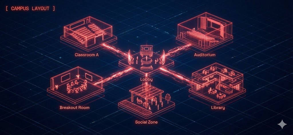 Isometric 3D campus layout showing Lobby, Classroom A, Auditorium, Breakout Room, Social Zone, and Library connected by glowing pathways